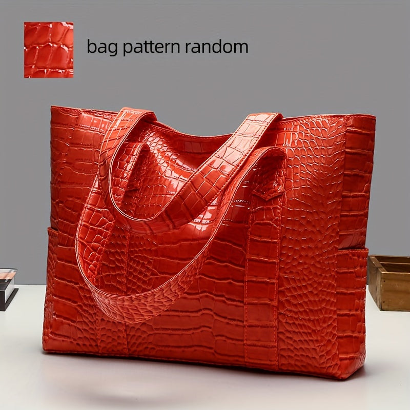 Blue Crocodile-Embossed PU Tote Bag with Zipper Closure for Women