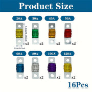 Pack of 16 High Current Auto Fuses 32V 20-120Amp for Cars Trucks