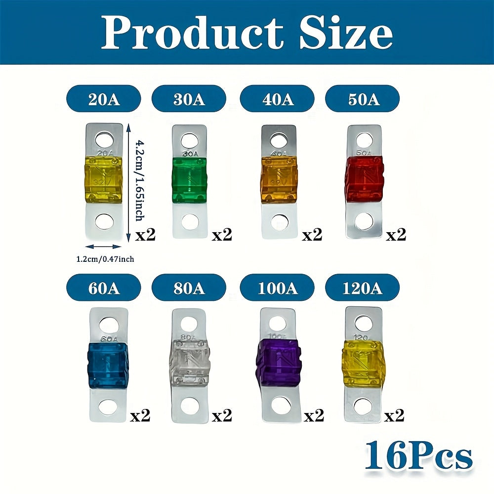 Pack of 16 High Current Auto Fuses 32V 20-120Amp for Cars Trucks