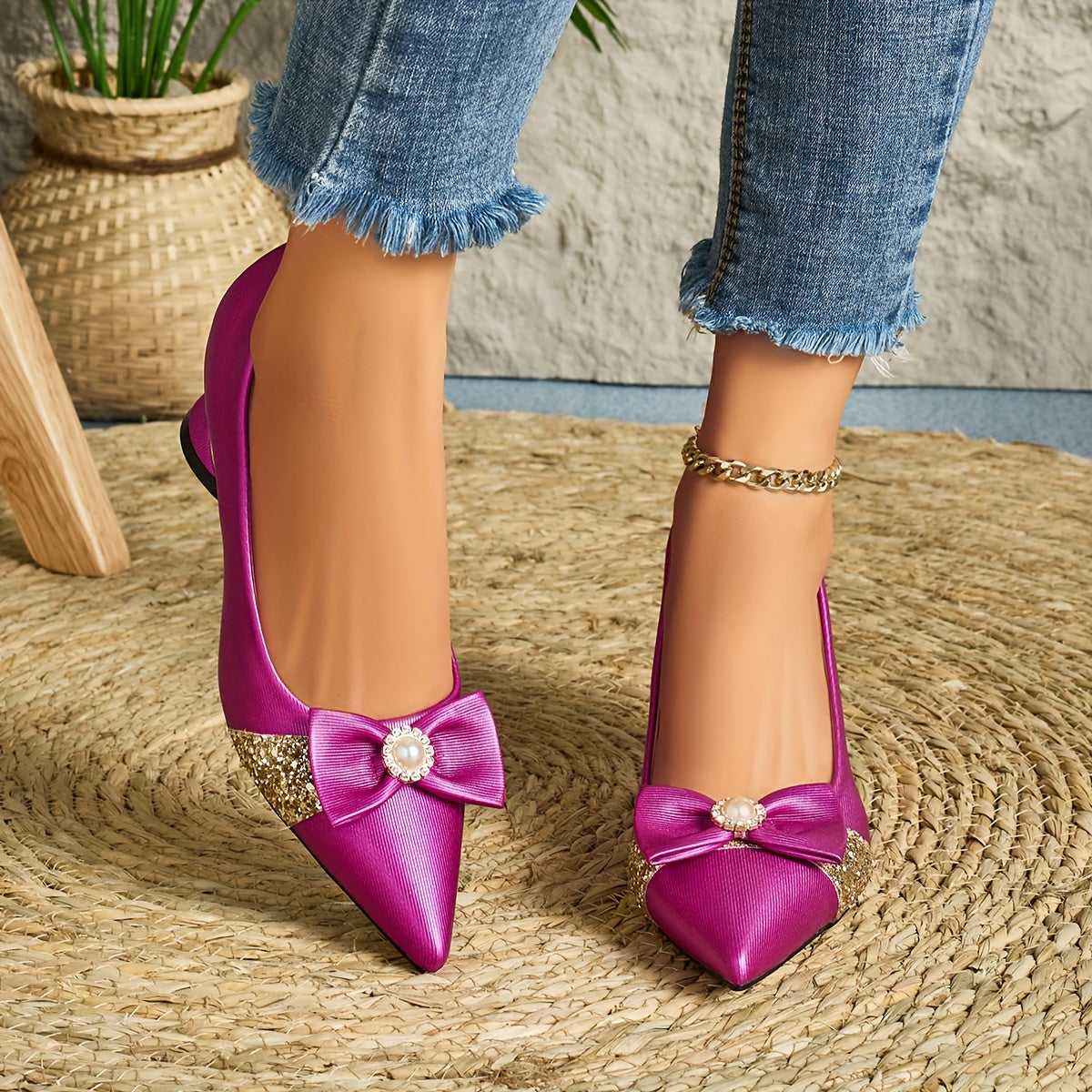 Women Faux Leather Pointed Toe Mules with Pearl Flower Decor High Heel Shoes