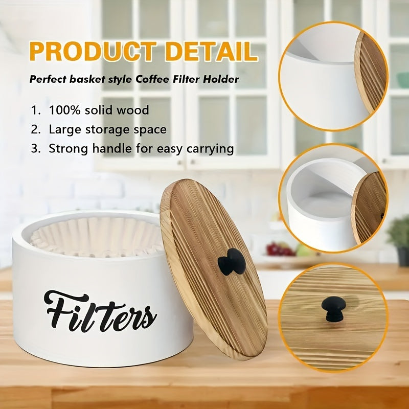 White Coffee Filter Holder Wooden Storage Basket for Counter Coffee Bar Organizer