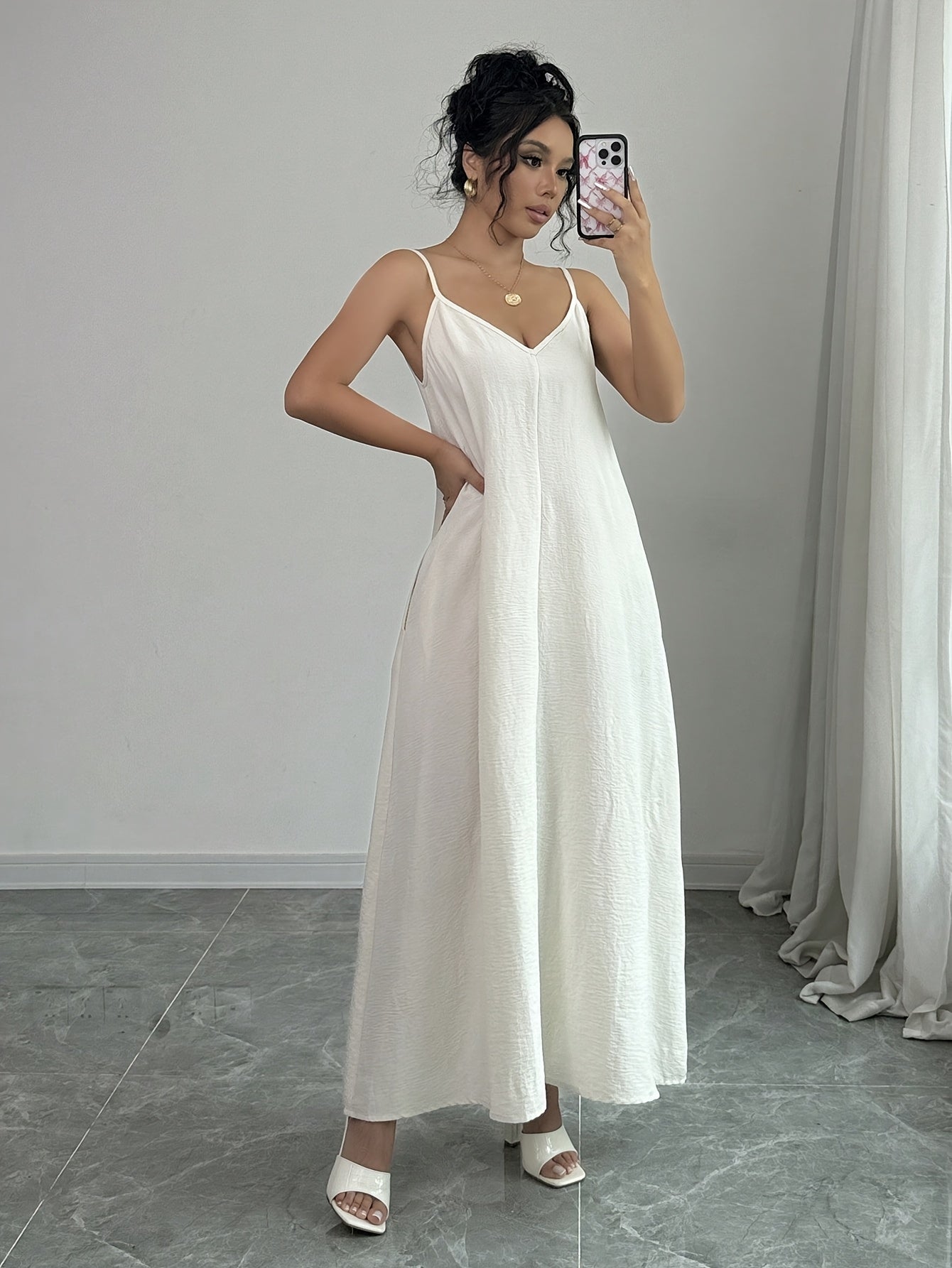 White V-Neck Maxi Dress Solid Color Long Sleeve Summer Casual Slip Dress