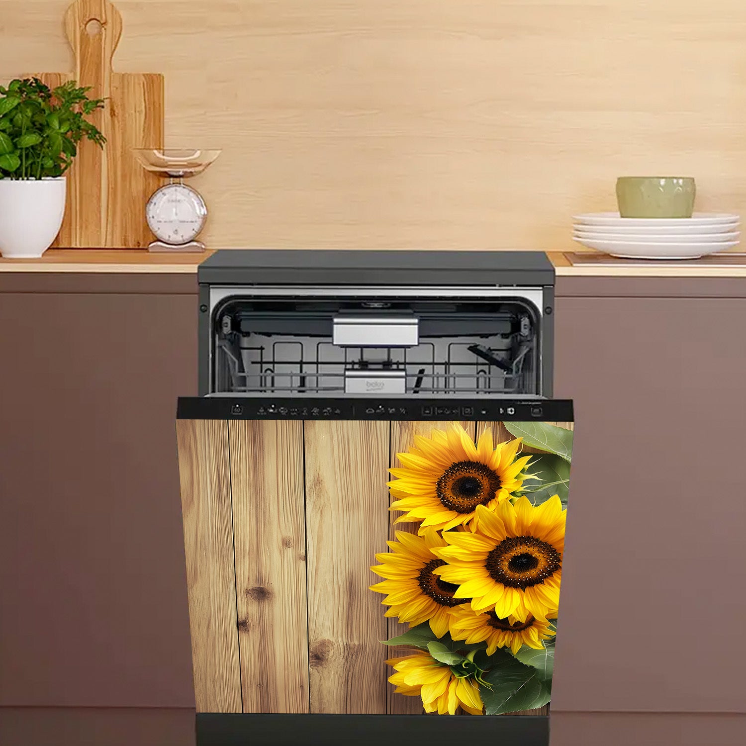 Sunflower Design Dishwasher Magnet Cover Waterproof Heat-Resistant Metal Kitchen Decor Rustic Wood Plank Style