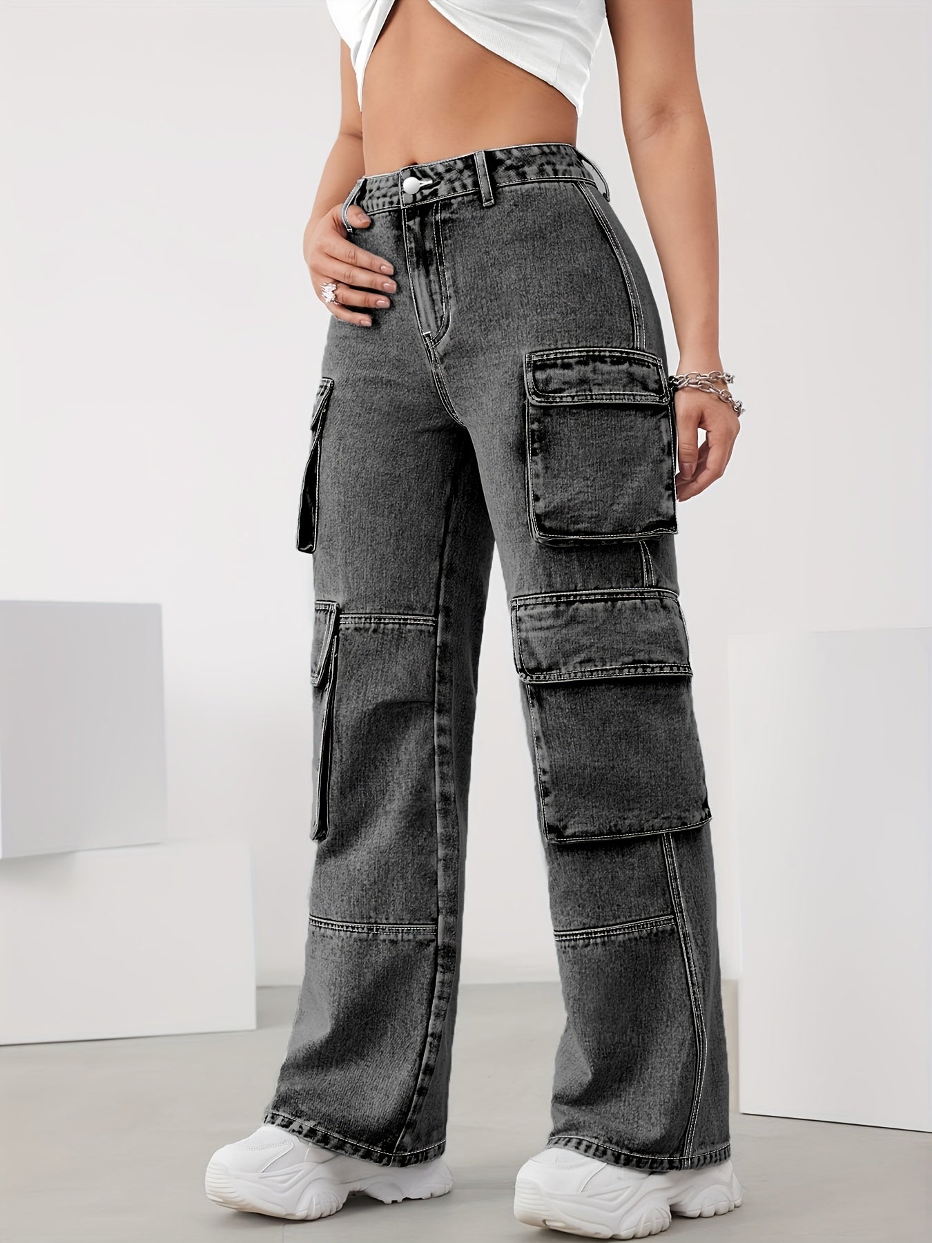 Plus Size Cargo Jeans Women High Waist Wide Leg Denim Spring Summer