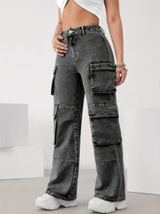 Plus Size Cargo Jeans Women High Waist Wide Leg Denim Spring Summer