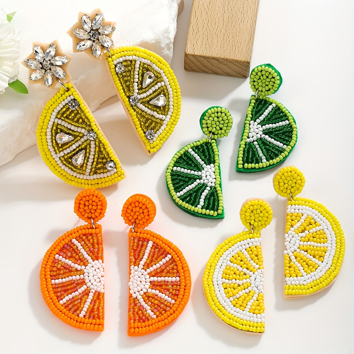 Beaded Fruit Earrings Summer Lemon Orange Boho Style Stainless Steel Posts for Women