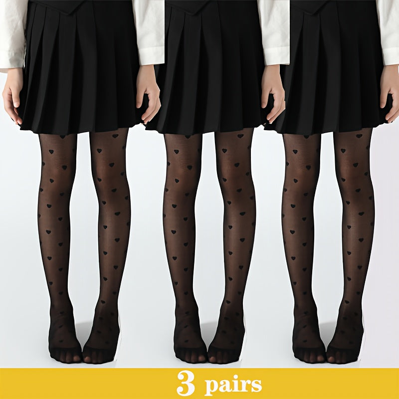 Girls Heart Pattern Mesh Tights Set 3 Breathable Nylon Spandex All-Season