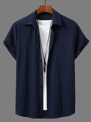 Camisa de manga corta a rayas casual para hombre, ligera de poliéster y spandex, verano, ajuste regular