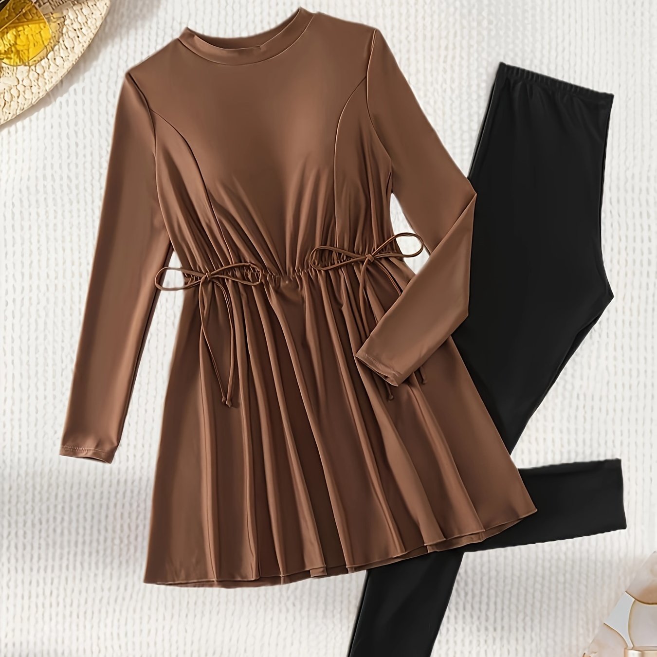 Women's Conservative Full-Length Swimsuit Set High Neck Solid Polyester Knit