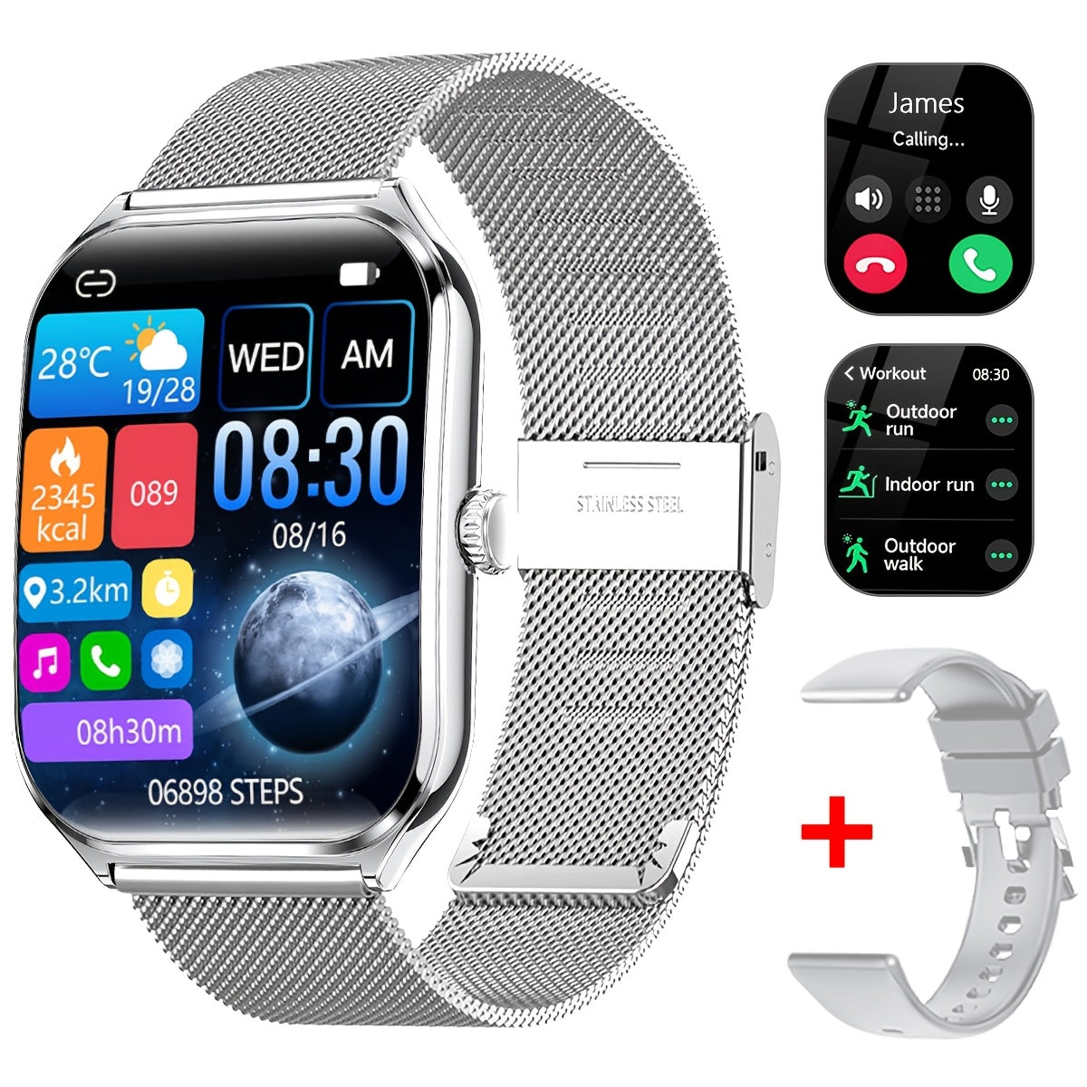 Ultra-Thin Smartwatch with Full Touch Display Dual Screen USB Charging Stainless Steel Case Fitness Tracking Calls Messages Music Control for Android iPhone