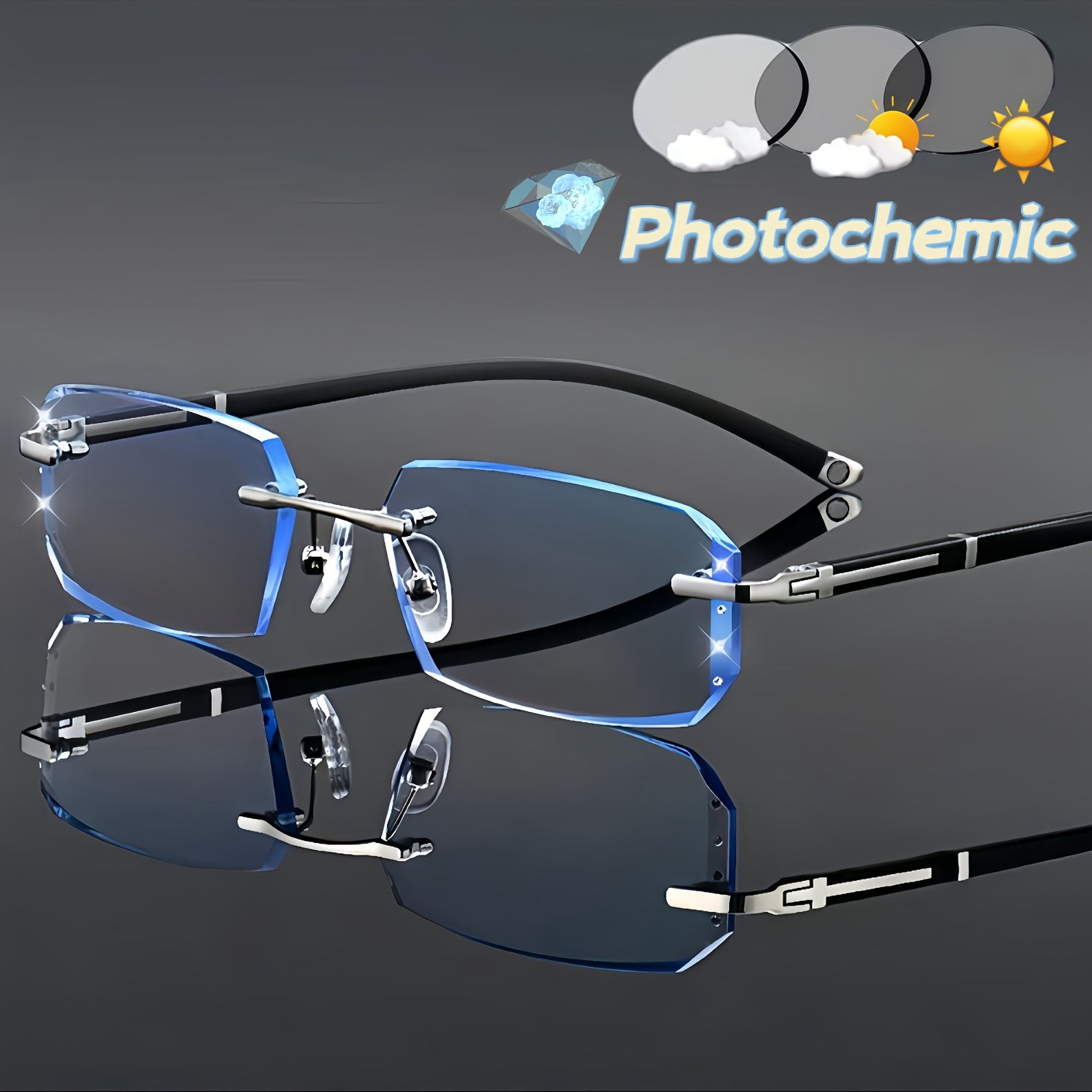 Rimless Rhinestone Photochromic Glasses with Anti-Blue Light for Daily Wear and Parties