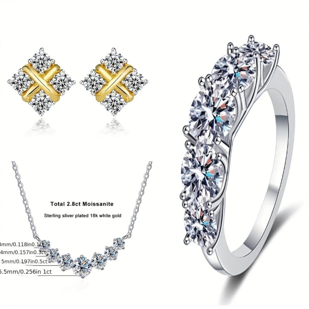 Sterling Silver 4-Piece Jewelry Set with Moissanite Necklace Earrings Ring Gift for Holidays