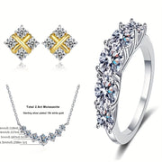Sterling Silver 4-Piece Jewelry Set with Moissanite Necklace Earrings Ring Gift for Holidays
