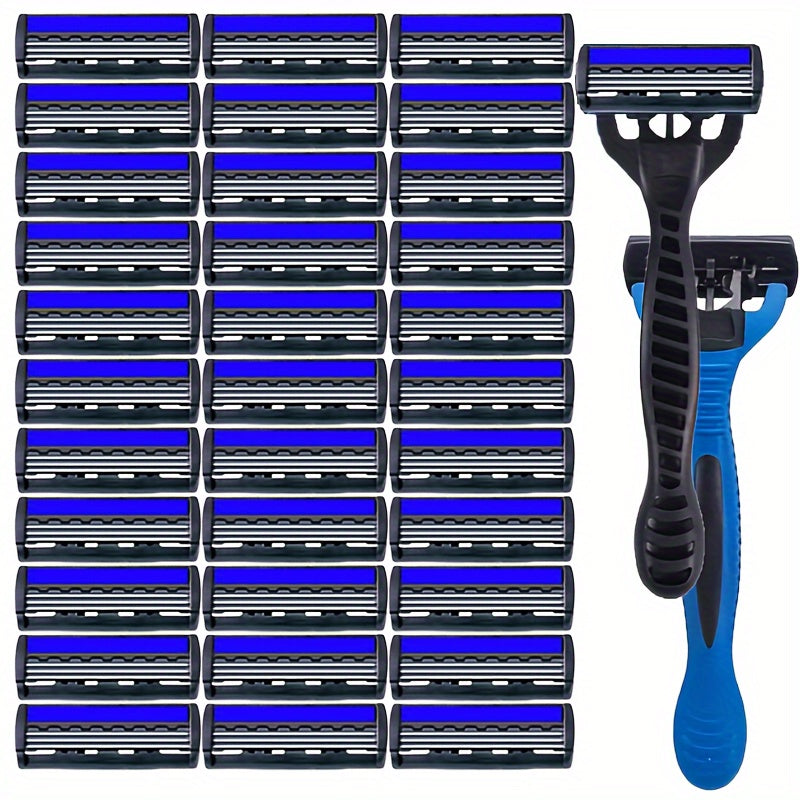 Men's Safety Razor with 3-Blade System, Metal Handle, Includes Replacement Blades
