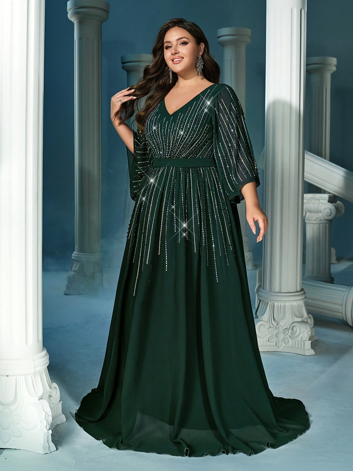 Women's Dark Green Plus Size Chiffon Formal Gown for Party Banquet