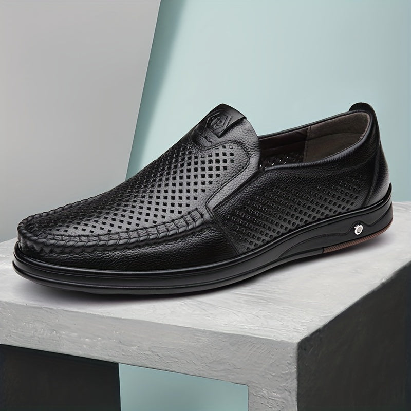 Men's Leather Casual Loafers with Hollow Out Design Slip-On Breathable Wear-Resistant for Outdoor and Office
