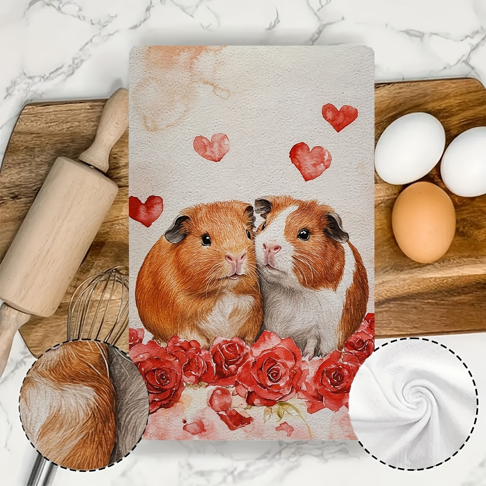 Guinea Pig and Rose Kitchen Towels Set, Soft Absorbent, 40x60 cm, Machine Washable