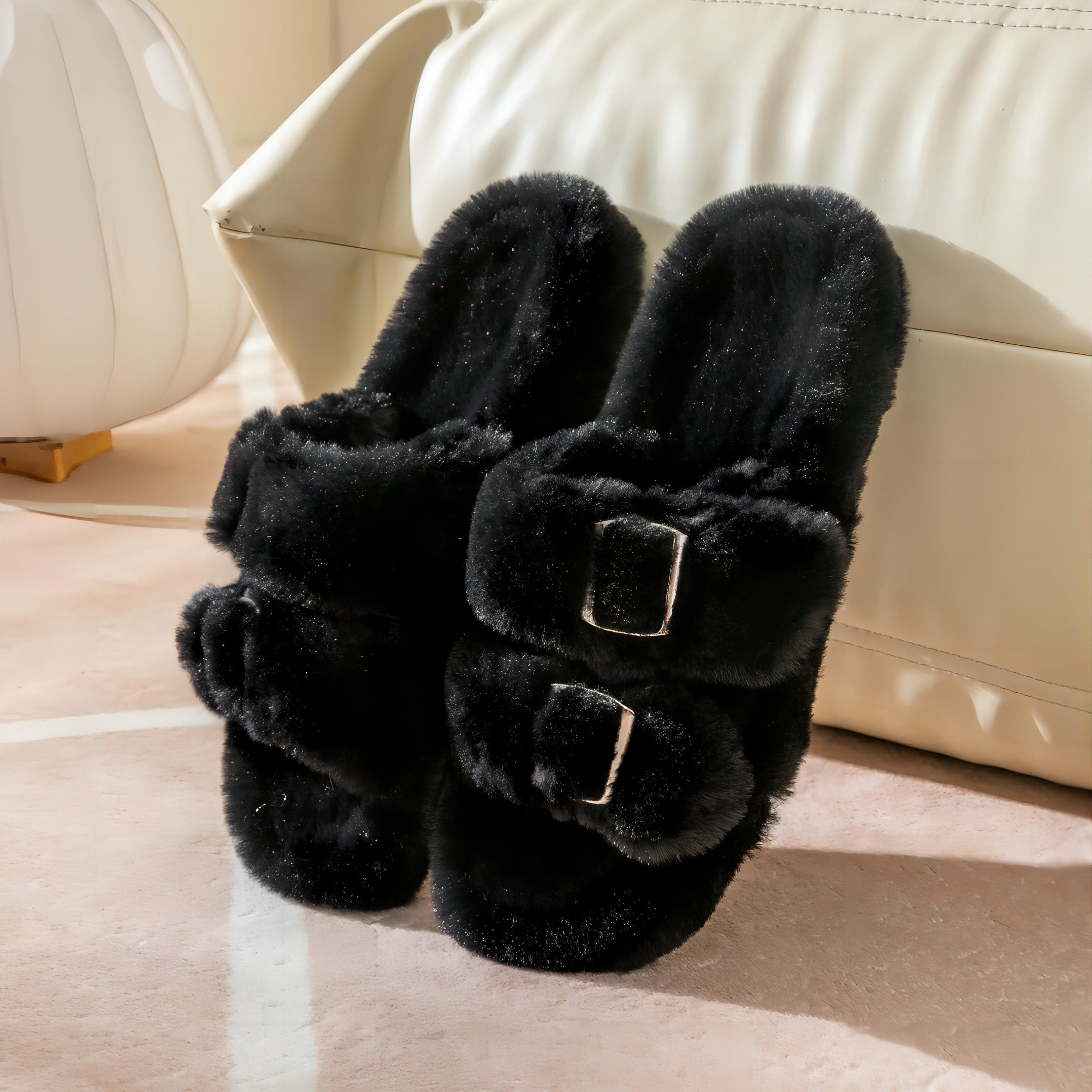 Women's Soft Fabric Slip-On Slippers with Double Buckle, Indoor Outdoor, Black Light Blue