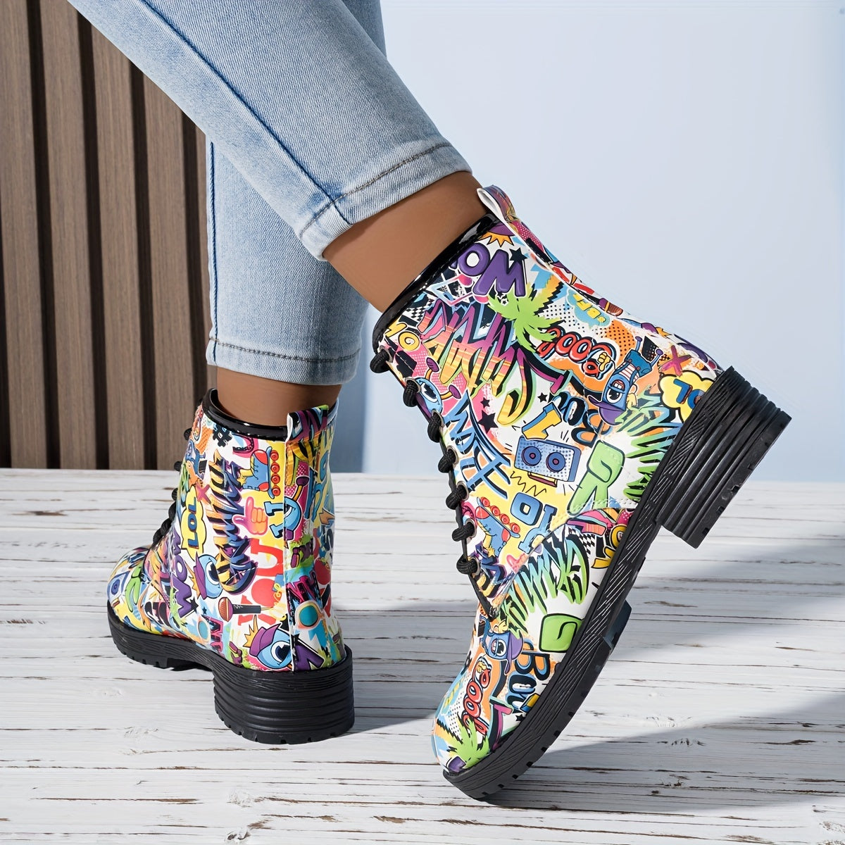 Women's Floral Pattern Lace-Up Casual Boots with Soft Sole and Round Toe