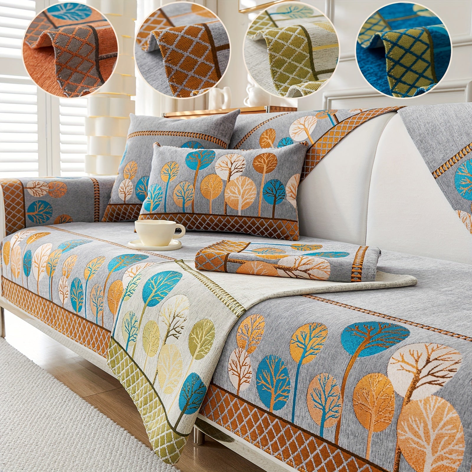 Boho Chic Jacquard Chenille Sofasi Qoplamasi Oygʻon Daraxt Mavzusi Boshqalar uchun Yoqimli Qattiq Yuvilishi Oʻz-oʻzidan yopishmaydigan Bardoshli Qalinlashtirilgan 4 oʻrindiqli kresloni mos keladi