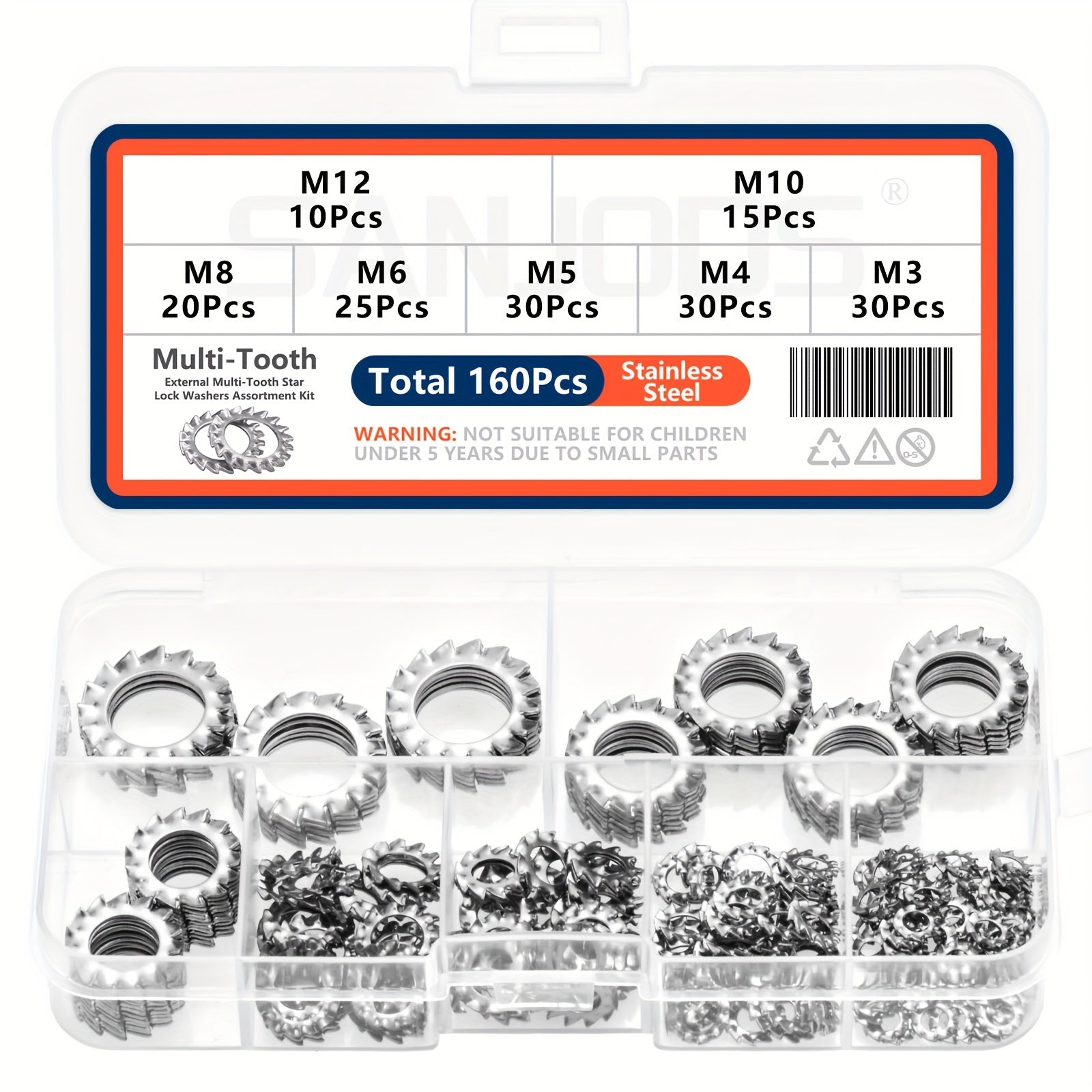 160pcs Stainless Steel External Multi Tooth Lock Washers Set 7 Sizes M3-M12 DIN