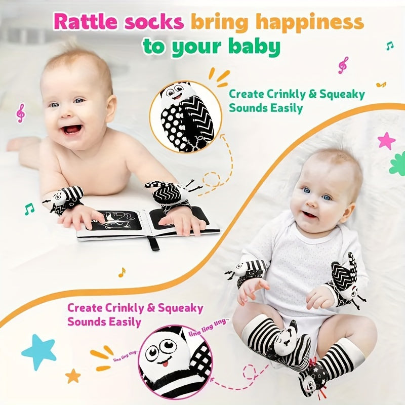 Baby Boys Girls Foot and Wrist Rattles Socks Sensory Development Black and White