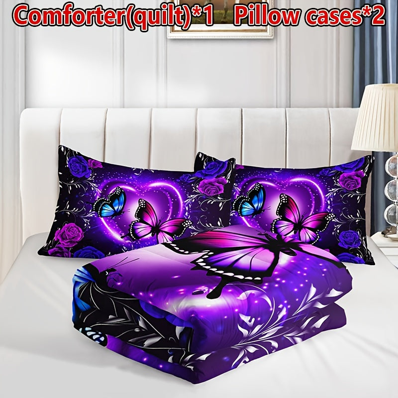 Set of 3 Purple Butterfly Floral Quilt Bedding Set with Pillowcases All Season Soft Breathable