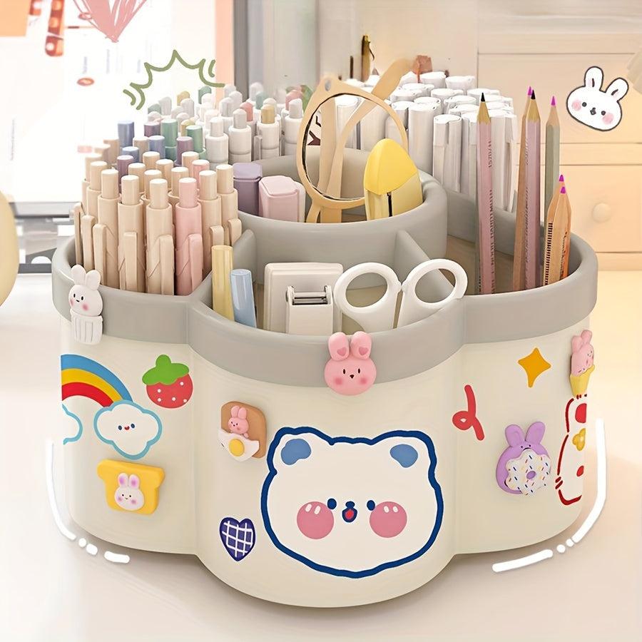 Rotating Desk Organizer with Multi-Compartment Storage for Stationery and Makeup