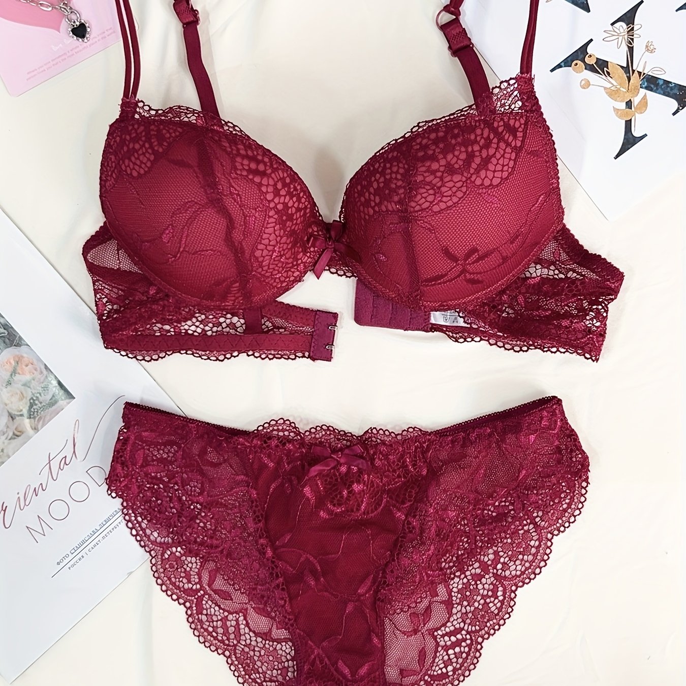 Lingerie Set Lace Bra and Panty with Contrast Details and Drop Waist Briefs