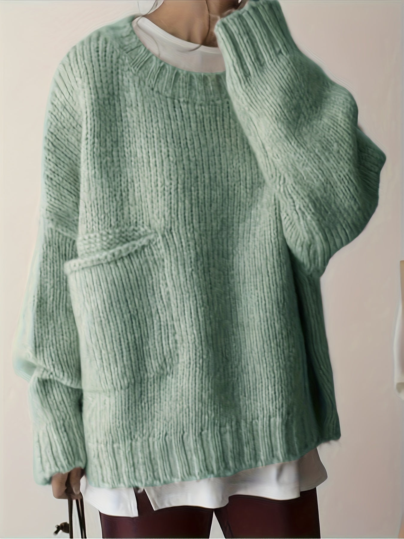 Plus Size Women's Solid Long Sleeve Crew Neck Sweater Fall Winter Casual