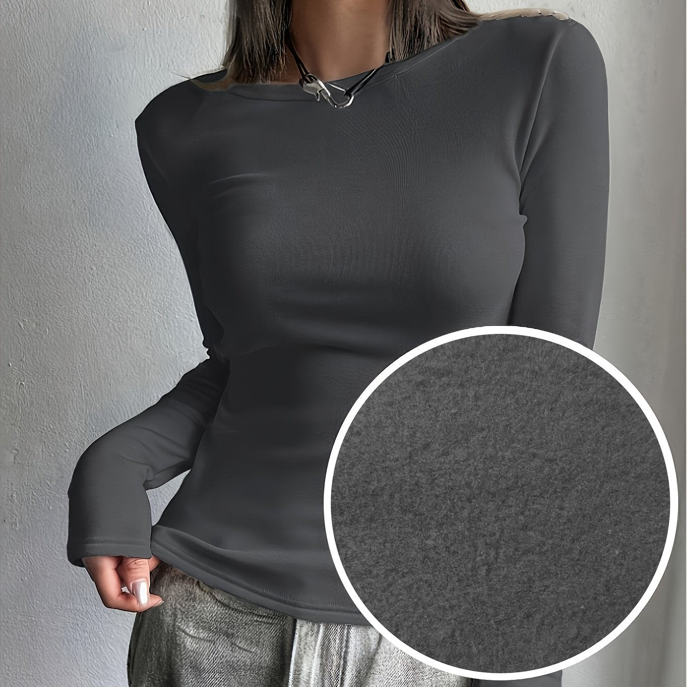 Women's Long Sleeve Crew Neck Top Solid Color Fall Winter Polyester Elastane Stretch Fabric