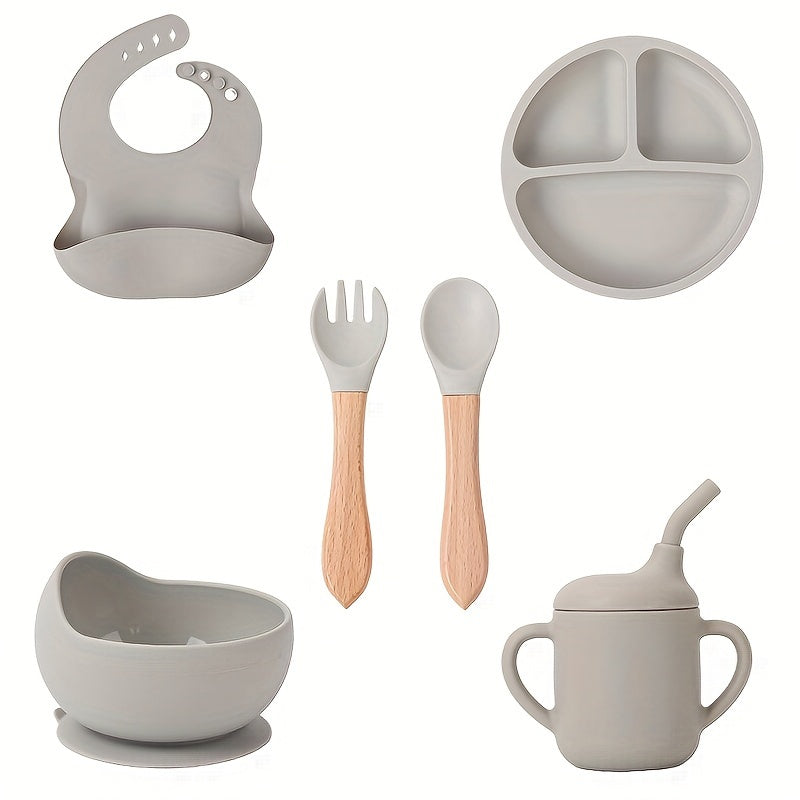 Baby Feeding Set 6 Pieces Silicone Includes Suction Bowl Divided Plate Spoon Fork Sippy Cup Bib