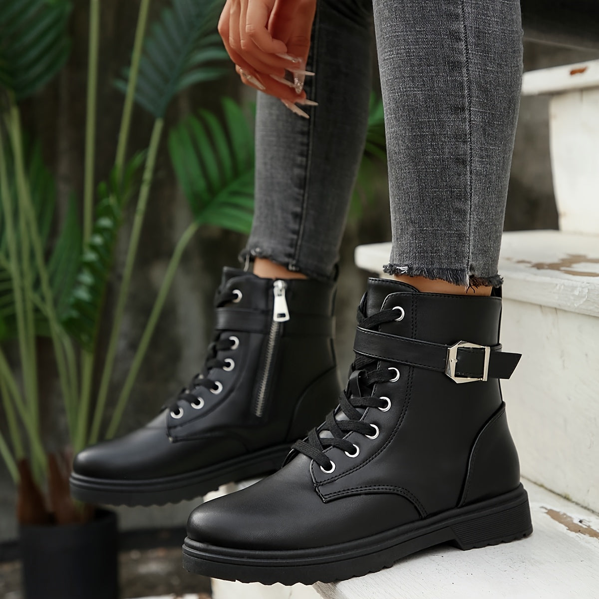 Women's Black Synthetic Leather Lace-Up Ankle Boots All-Season Cushioned Sole