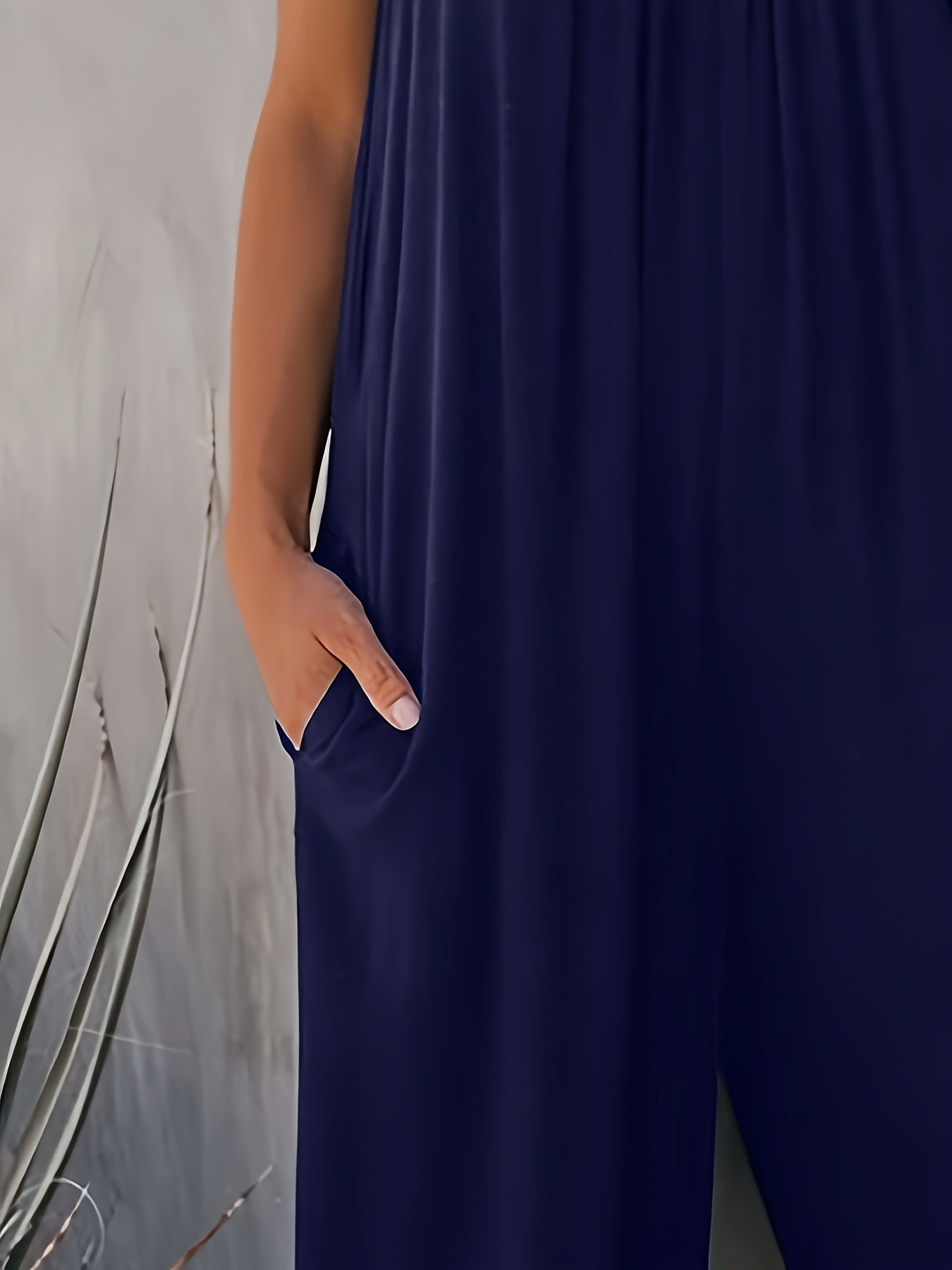 Women's Navy Blue Sleeveless Jumpsuit with Pockets, Wide-Leg Pants, Lightweight