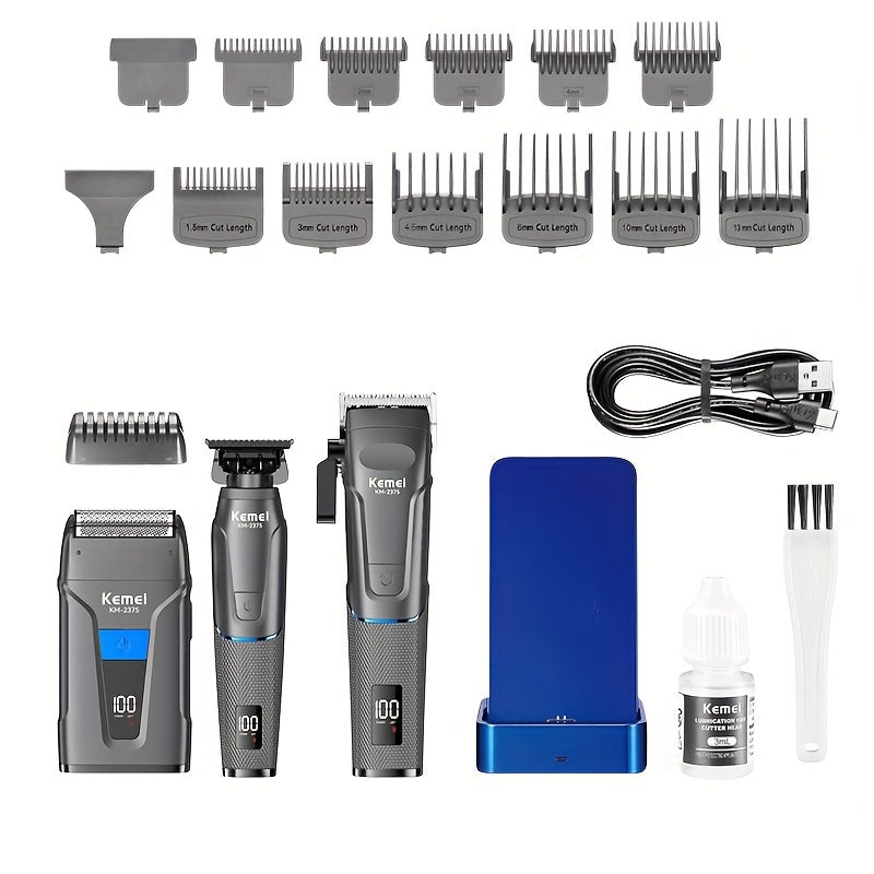 Профессиональный набор для ухода KEMEI, 3 шт., с USB-зарядкой для машинки для стрижки и бритвы, цифровым дисплеем, беспроводной зарядкой, литиевым аккумулятором, рабочим напряжением ≤36V - KM-2375