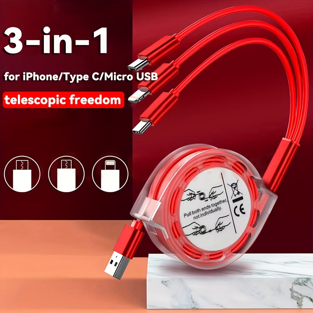 3-in-1 USB Charging Cable for iPhone, Type-C, Micro USB Devices Fast Data Transfer
