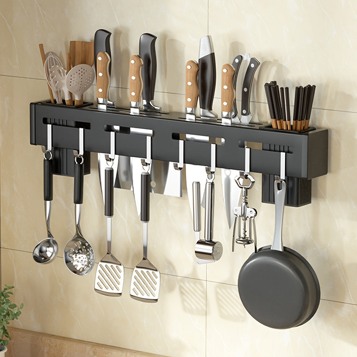 Wall-Mounted Stainless Steel Kitchen Knife Rack with Hooks and Shelf, 50cm