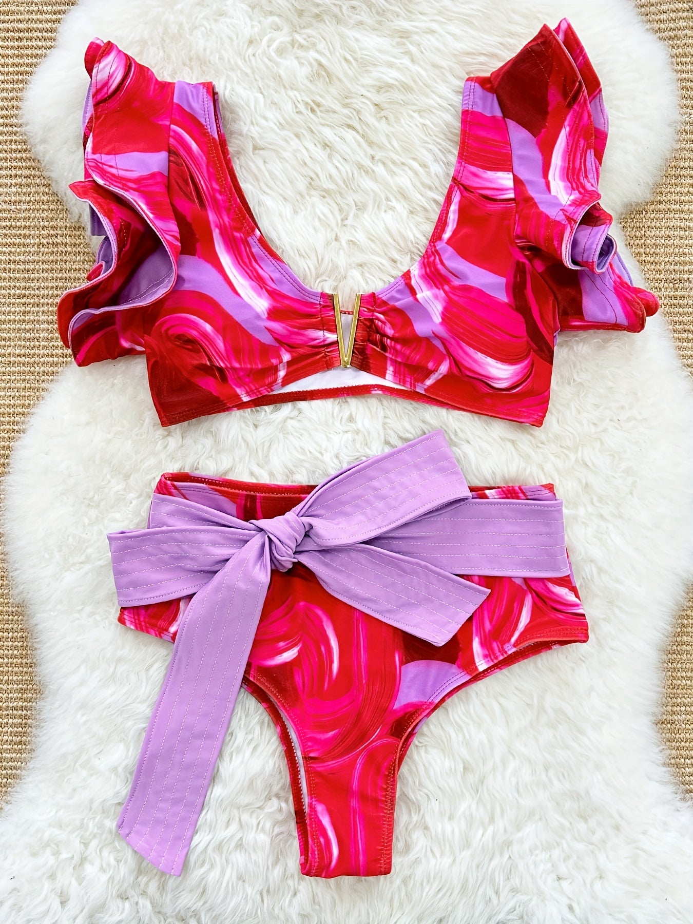 Women's Solid Color Pleated Ruffled Bikini Set with Tie-Up Design for Swimming 2024