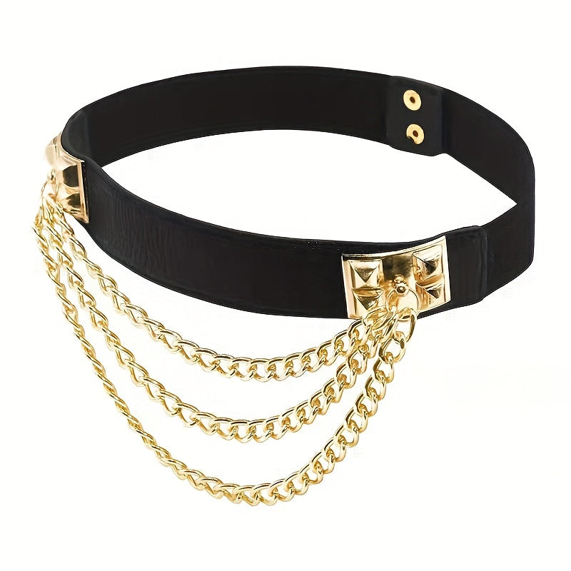 Elastic Waistband Belt with Punk Chain Fringe for Women's Dresses Solid Color Body Jewelry