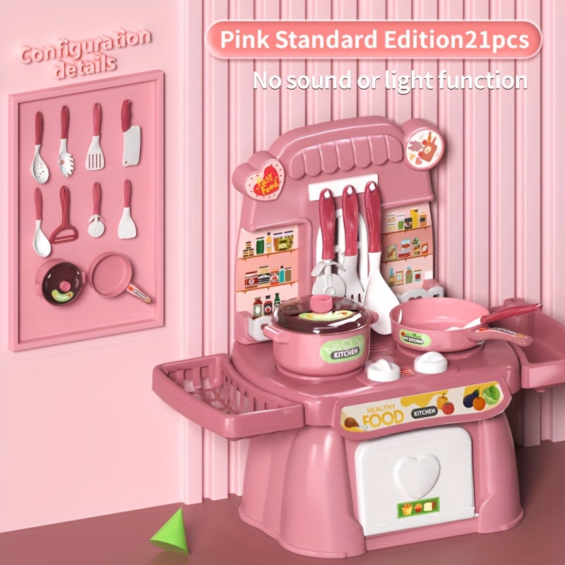 Pink Kids Kitchen Toy Set with Light and Sound, Food and Utensils, 3+