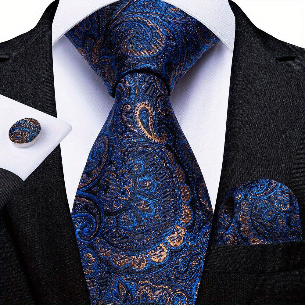 Men's Blue Paisley Striped Tie Handkerchief Cufflinks Wedding Accessories Set
