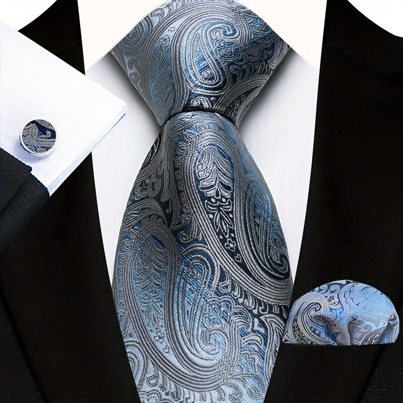 Men's Floral Plaid Necktie and Handkerchief Clip Set for Business and Weddings
