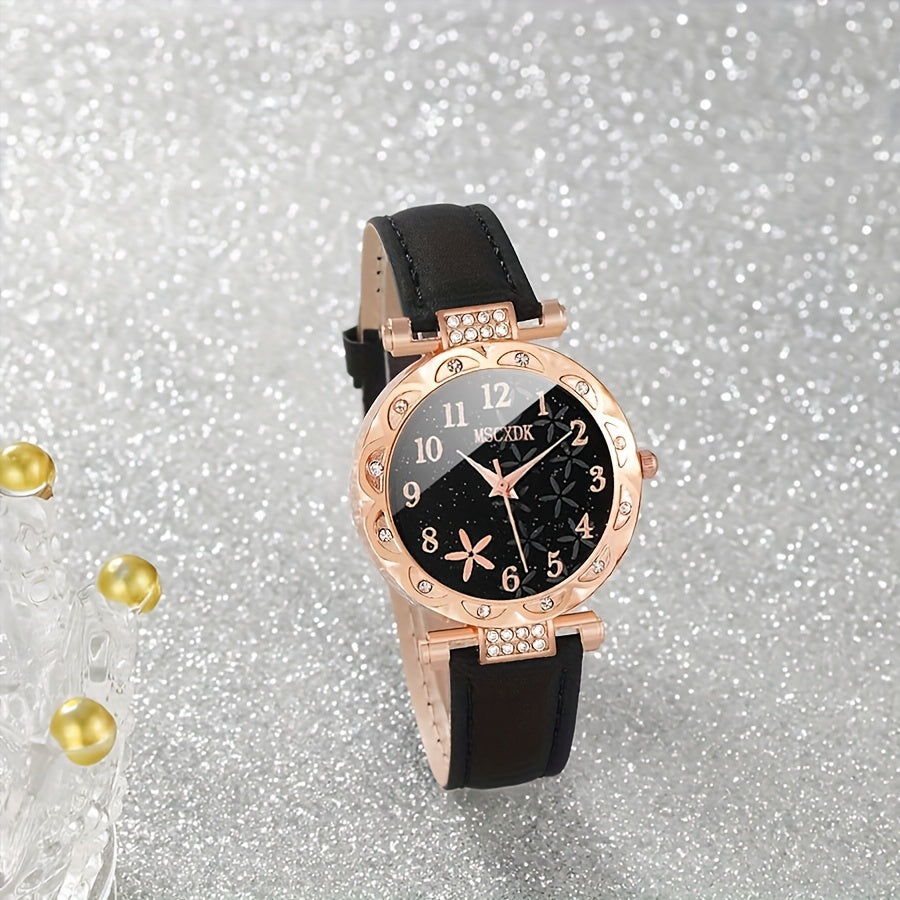 Ladies Quartz Watch with 5 Bracelets and Adjustable Strap