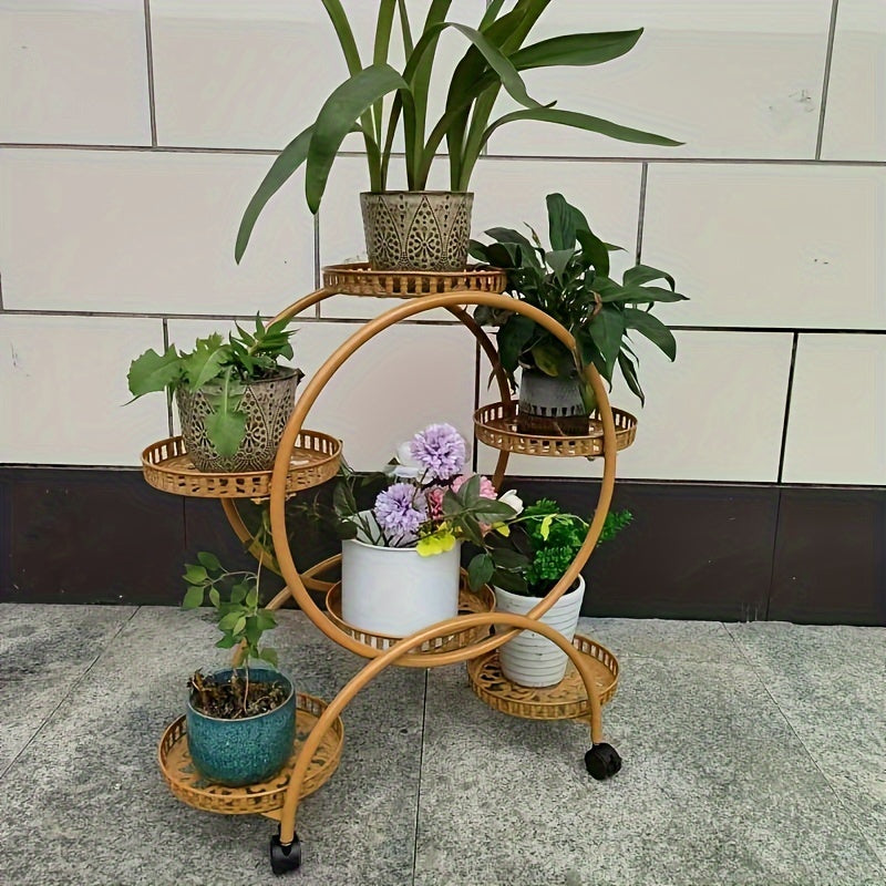 European-Style Metal Hanging Plant Stand with Wheels Multi-Level Indoor Outdoor Circular Design