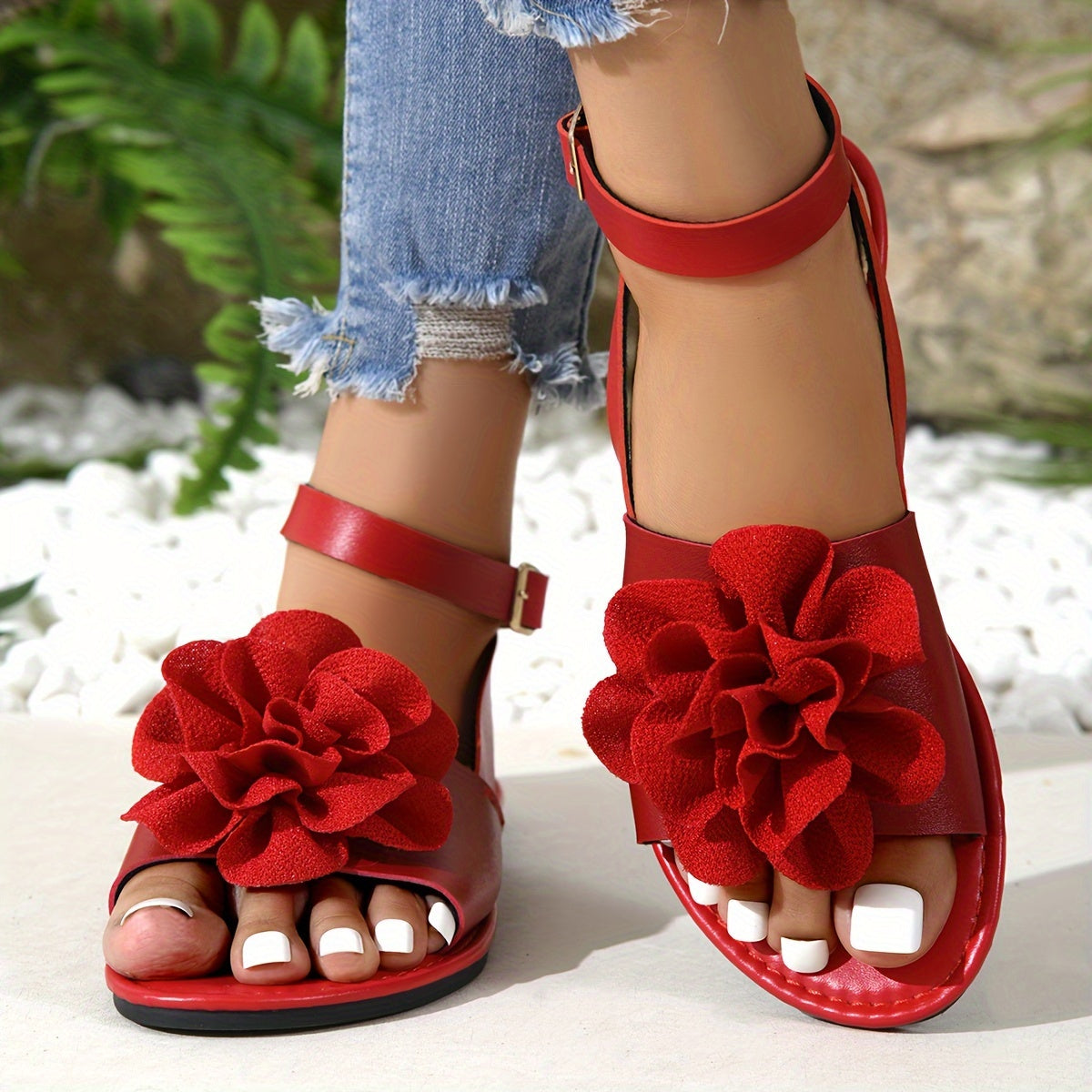 Women's Floral Sandals with Red Flowers Open-Toe Rubber Sole