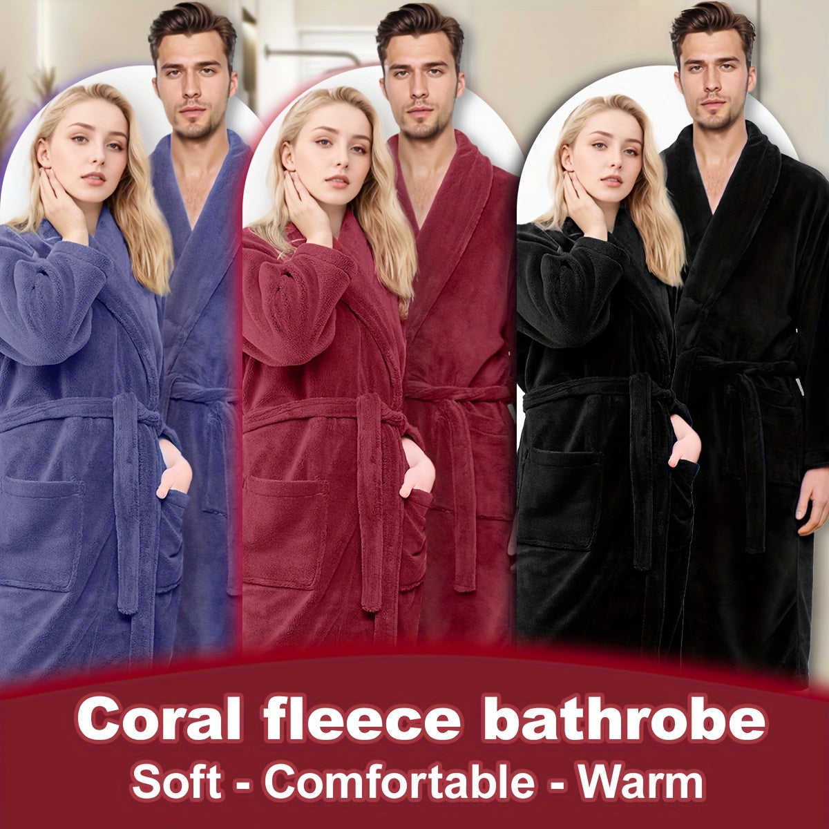 Unisex Fleece Bathrobe with Shawl Collar Soft Machine Washable