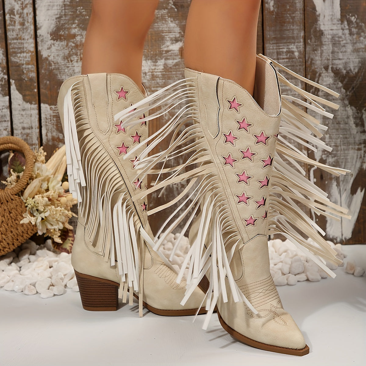 Women's Western Cowboy Boots with Pointed Toe Chunky Heel Pink Embroidery