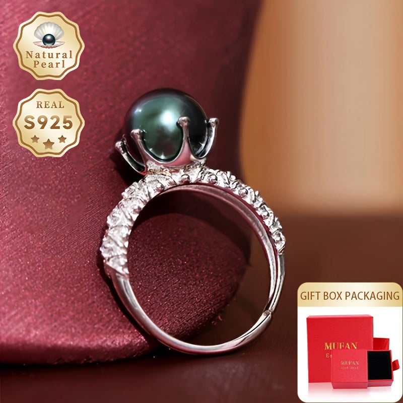 Vintage-Inspired Open Silver Ring with Black Pearl 8-9mm for Weddings and Birthdays