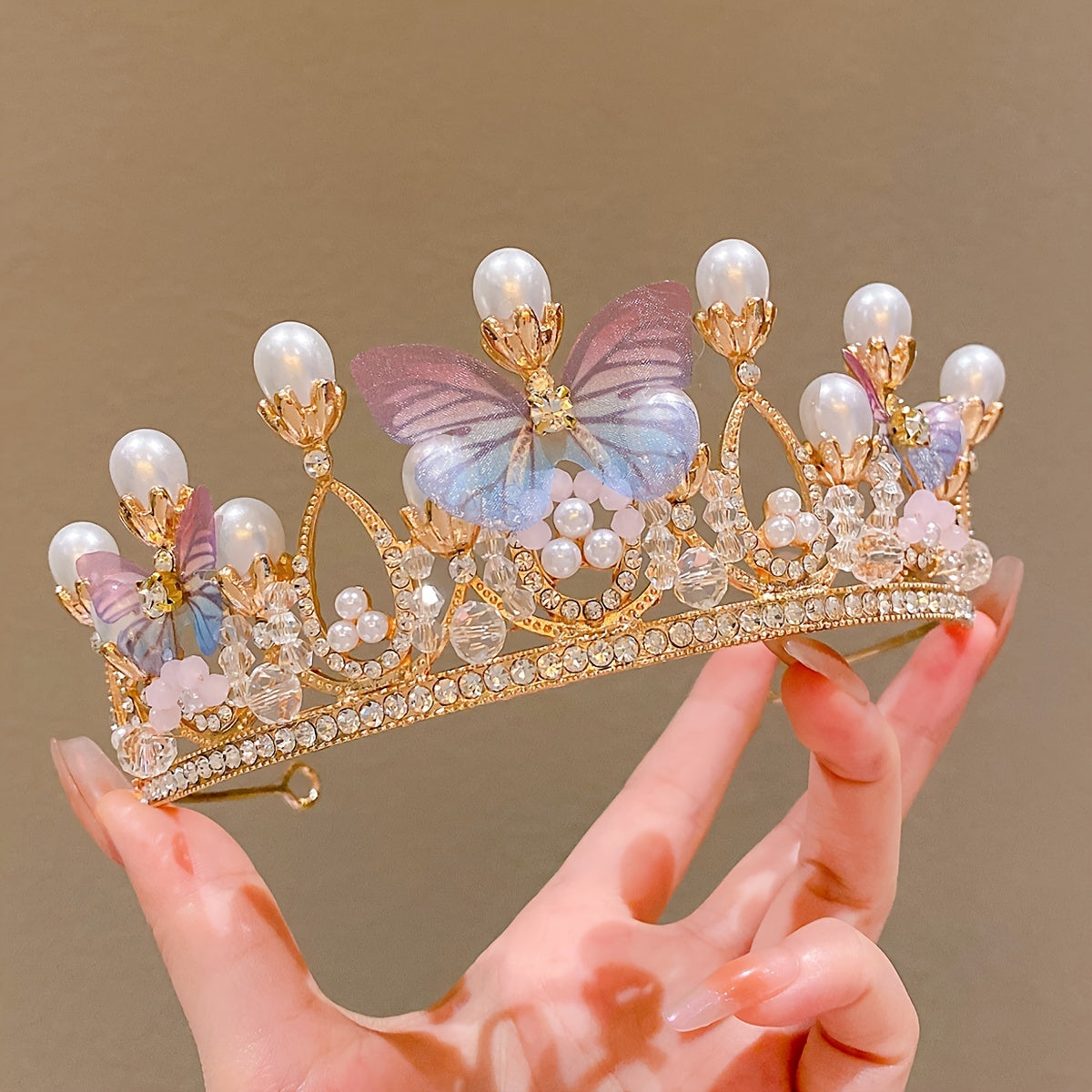 Rhinestone Princess Tiara with Faux Pearls for Weddings and Parties