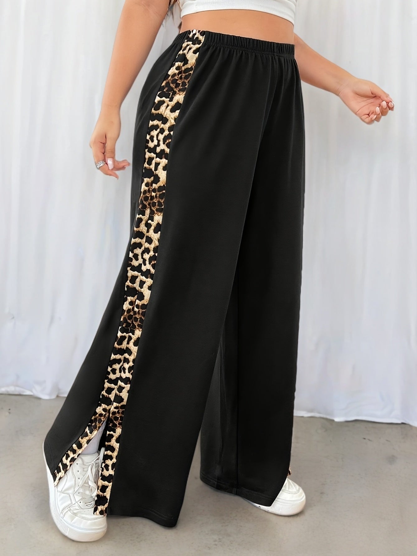 Plus Size Leopard Print Wide-Leg Pants High Waist Polyester